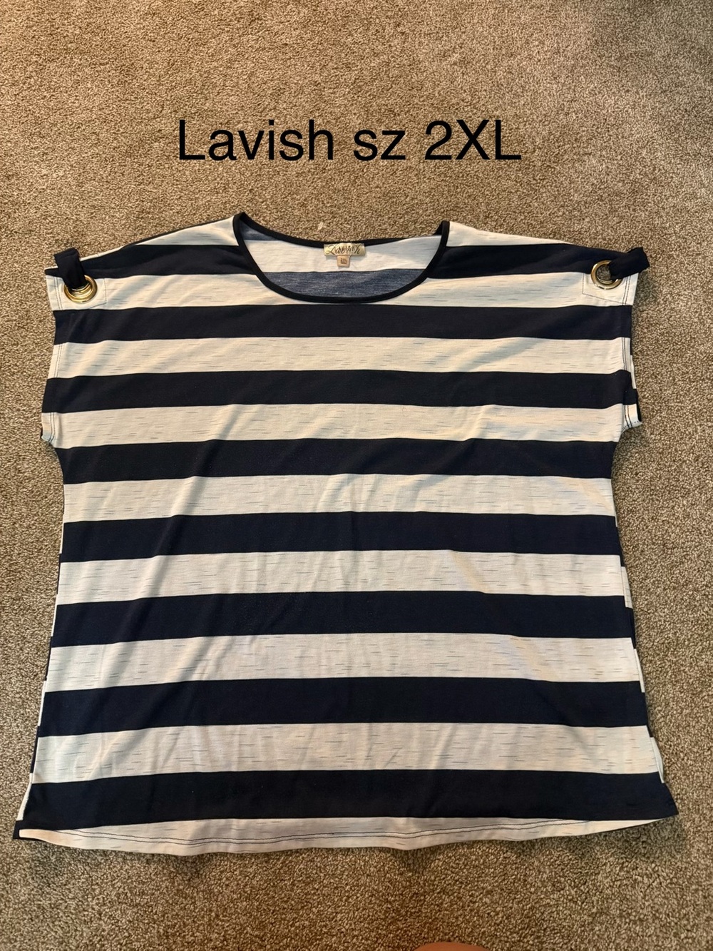 Lavish Navy and White Striped Short Sleeve Top with Gold Grommet Detail Sz 2XL